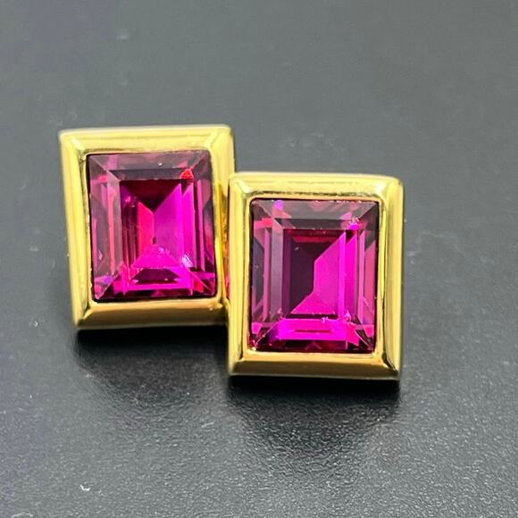 Swarovski Crystal Rectangle Fuchsia Signed S.A.L. Vintage Pierced Earrings - Picture 1 of 10